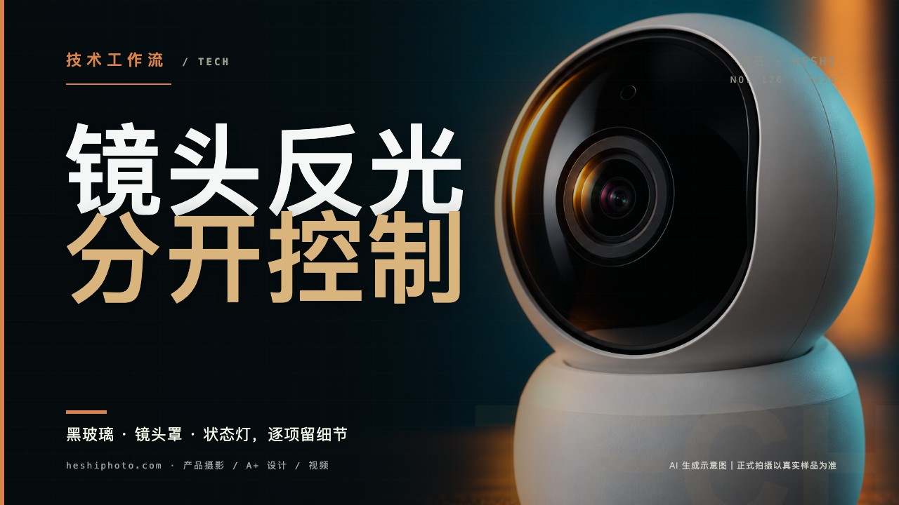 深色背景下智能摄像头镜头细节 AI 生成示意图
