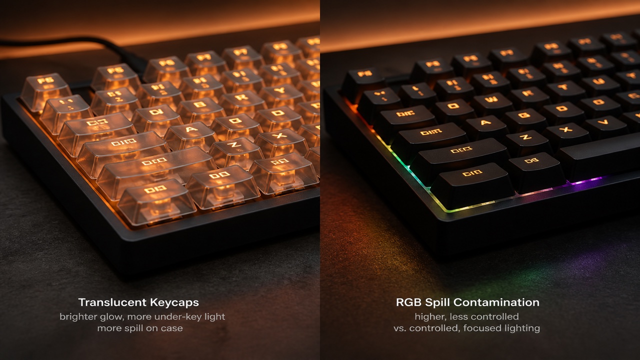 透光键帽与 RGB 溢光对照示意