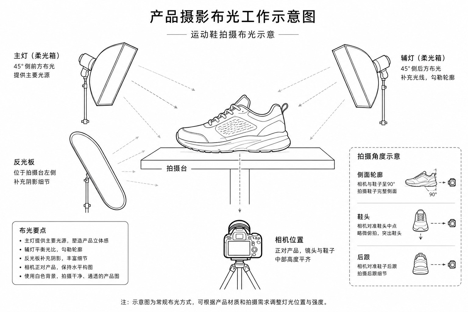 鞋类产品摄影机位示意图：正侧面轮廓、鞋头与后跟角度、材质特写位置的拍摄标注
